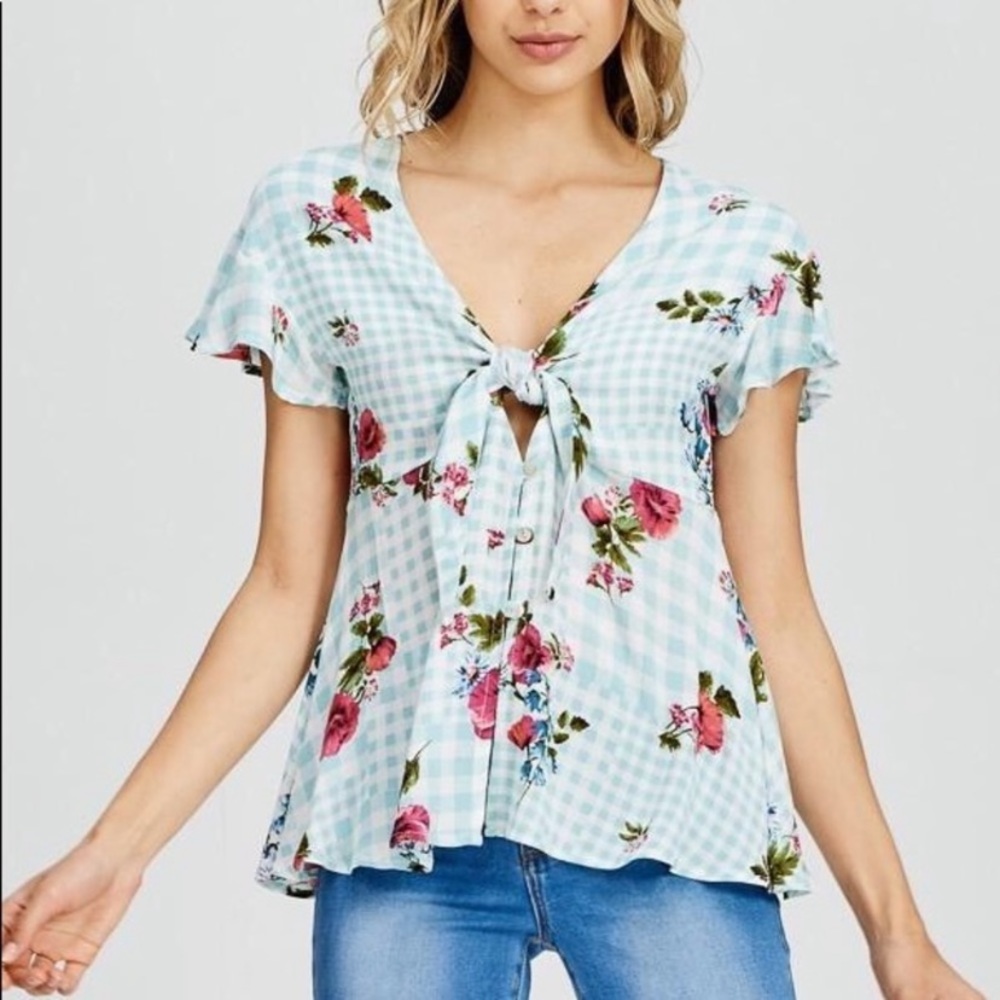 Blue Checkered Floral Short Sleeve Peplum Top